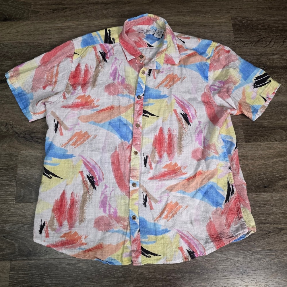 Mojito Mens XL Button Down Shirt Multicolor Abstract Linen Blend Short Sleeve